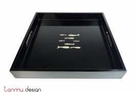 Square lacquer tray with 9 silver-plated fish 32*h4cm